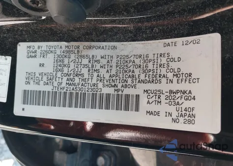 2003 Toyota Highlander V6 z USA, uszkodzony, nr VIN JTEHF21A530123023